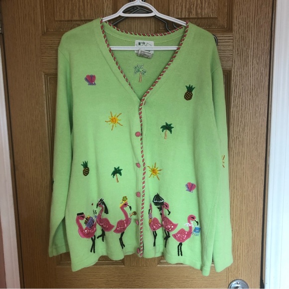 The Quacker Factory Sweaters - Lime Flamingo Embroidered Cardigan